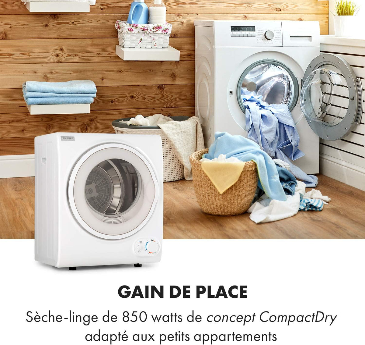 KLARSTEIN Jet Set 2500 - sèche-linge, par extraction, chargeur frontal, 850 W, pose libre/encastré, 2,5 kg, élément chauffant PTC, réglable jusqu'à 60 °C, minuterie 20 à 200 mn, compact, blanc
