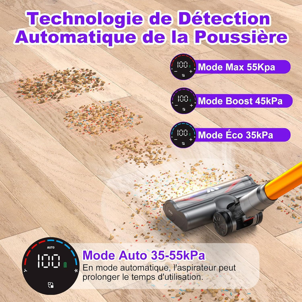coovy SU7 Aspirateur Balai sans Fil 580W/55Kpa/75Mins, Aspirateur sans Fil Puissant, Chargement Mural, Écrans Tactiles LED, 1,3L Capacité, pour Sols Durs/Tapis/Les Poils d'animaux