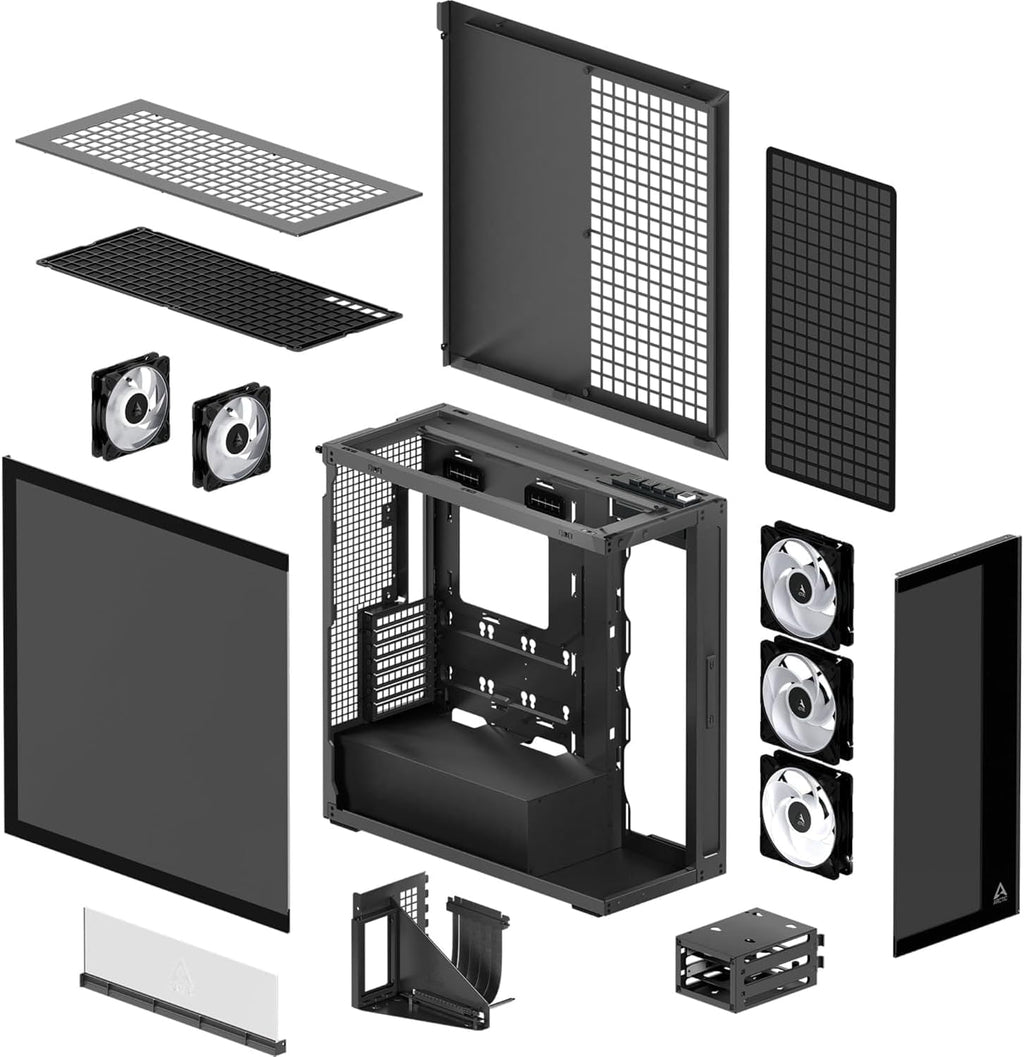 ARCTIC Xtender VG (Mirror Black) avec Montage Vertical de GPU - Boîtier PC, Verre Miroir, Support pour Radiateur 2 x 420 mm, Tour Midi, E-ATX, 5X Ventilateurs A-RGB Pré-installés - Noir