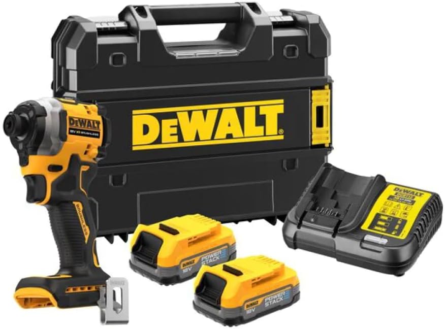 DCF850E2T-QW Atornillador Impacto compacto sin escobillas XR 18V 1/4" 205Nm con 2 baterías POWERSTACK y maletín TSTAK, Multicolore