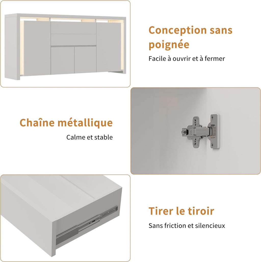 LONELYO Buffet Blanc Laqué 4 Portes2 Tiroirs avec Éclairage LED, Meuble de Rangement Moderne pour Salon, Cuisine ou Entrée, Design Haut Brillant Blanc