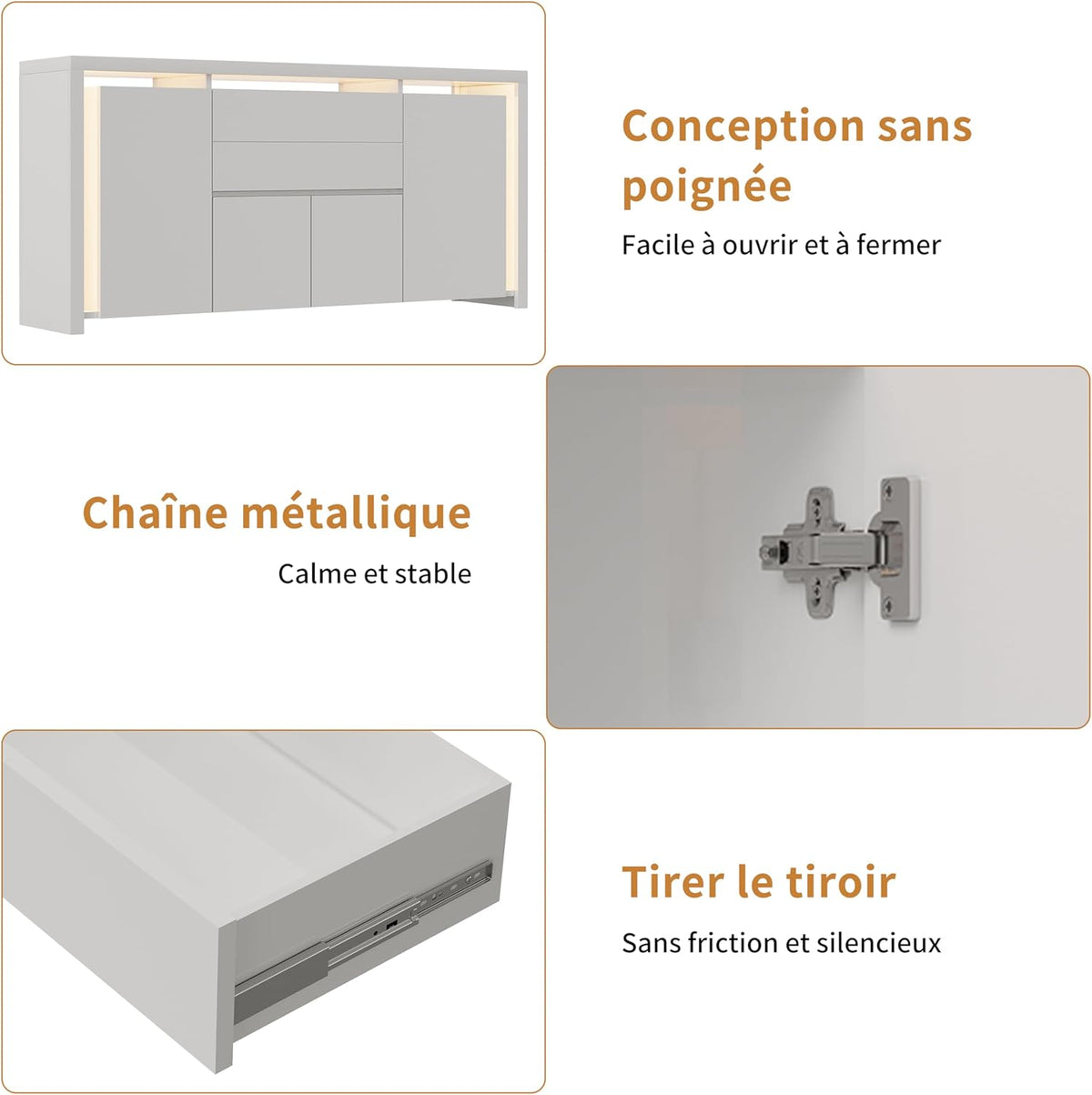 LONELYO Buffet Blanc Laqué 4 Portes2 Tiroirs avec Éclairage LED, Meuble de Rangement Moderne pour Salon, Cuisine ou Entrée, Design Haut Brillant Blanc