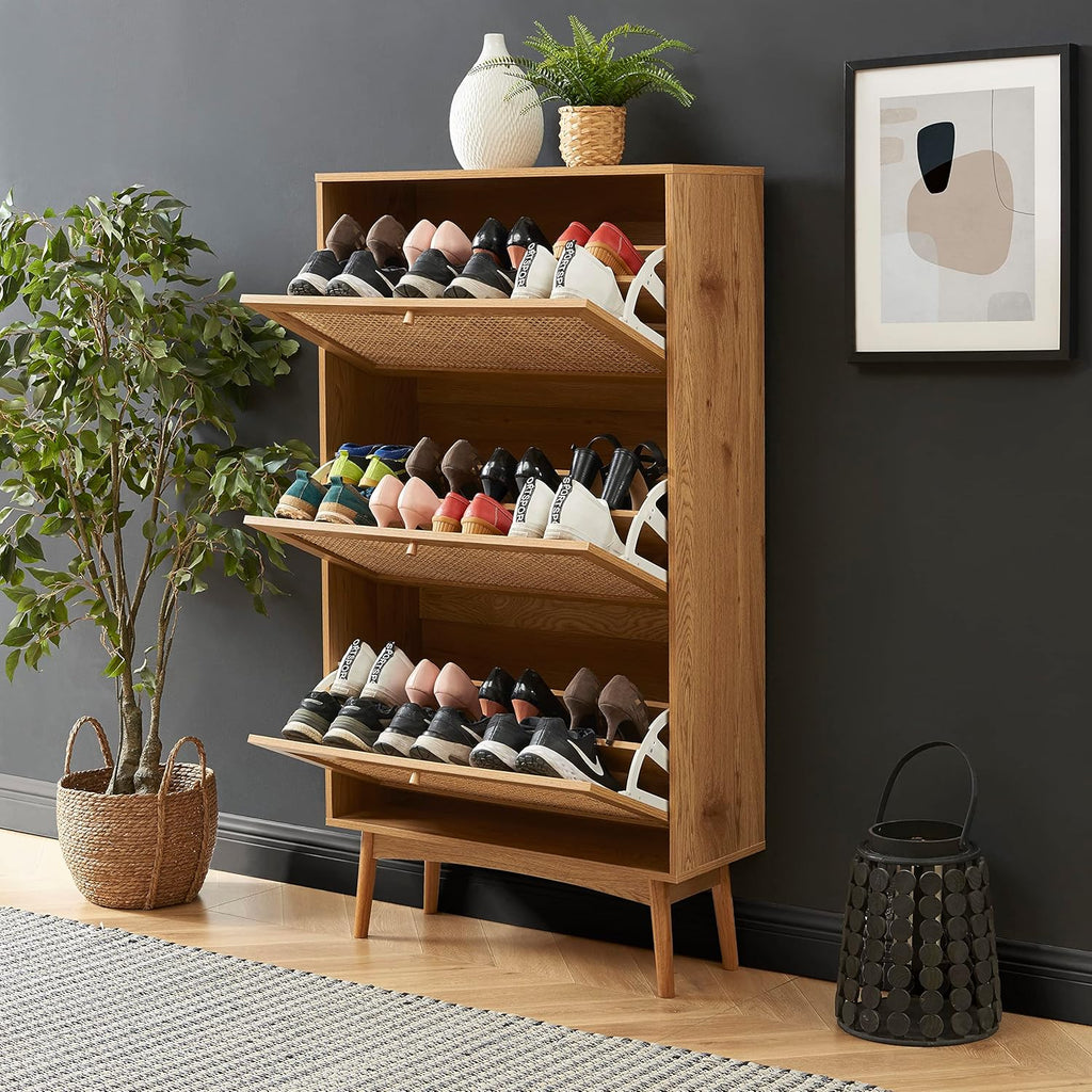 BAÏTA Meuble à Chaussures INES Effet chêne et cannage rotin