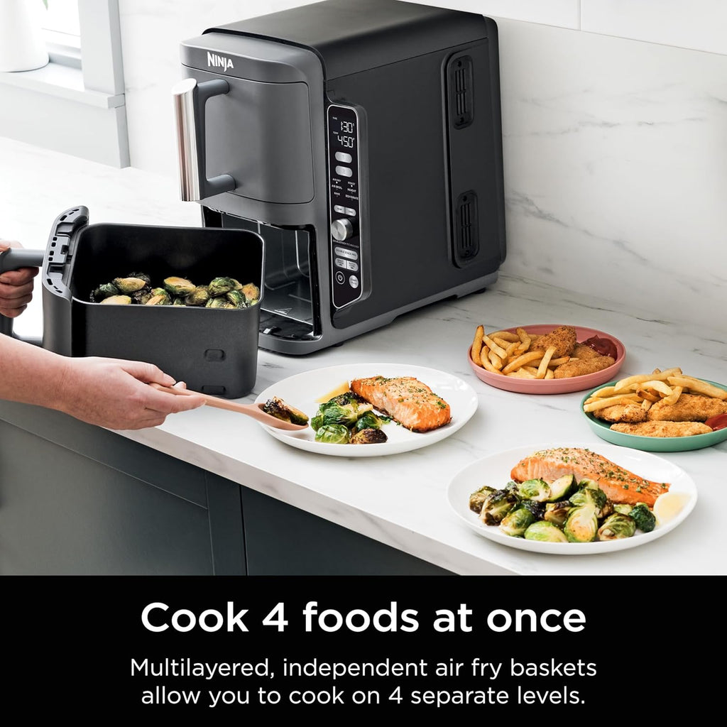 Ninja SL401 DoubleStack XL Friteuse à air comprimé à 2 paniers, technologie DoubleStack cuit 4 aliments à la fois, design compact, 10 litres, 6 en 1, finition intelligente et cuisson des allumettes