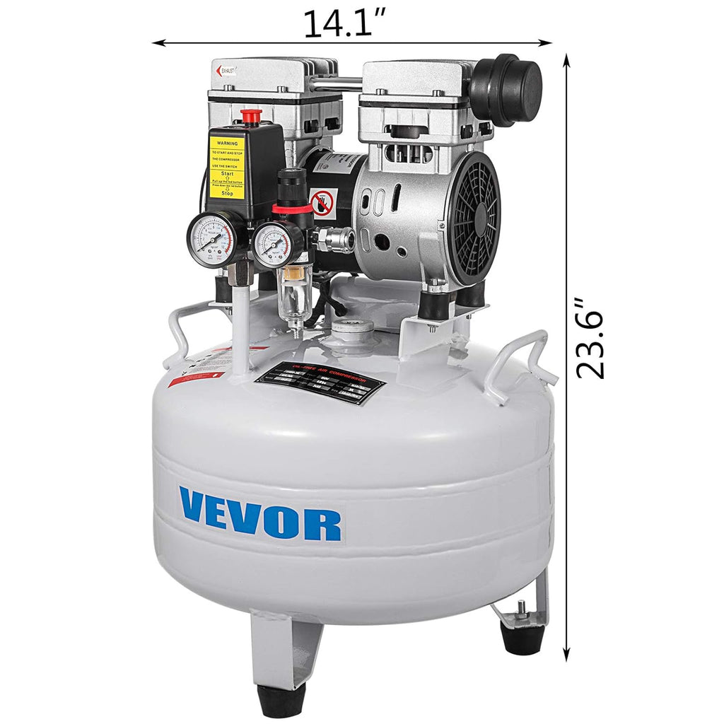 VEVOR Compresseur d’Air sans Huile Compresseur Silencieux à Air Comprimé Compresseur Outil d’Atelier pour Réparations Domiciliaires, Gonflage de Pneus (30L 850W, Électrovanne)