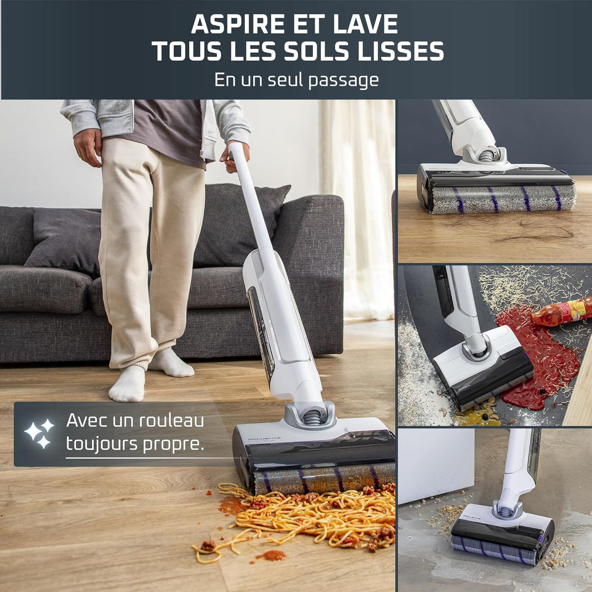 Rowenta X-Clean 10, Aspirateur Laveur sans fil, Design Plat 180°, Auto-Nettoyage et séchage 65°C, Autonomie 60min, Parfait pour Tâches Tenaces et Poils d’Animaux GZ7540WO, Blanc