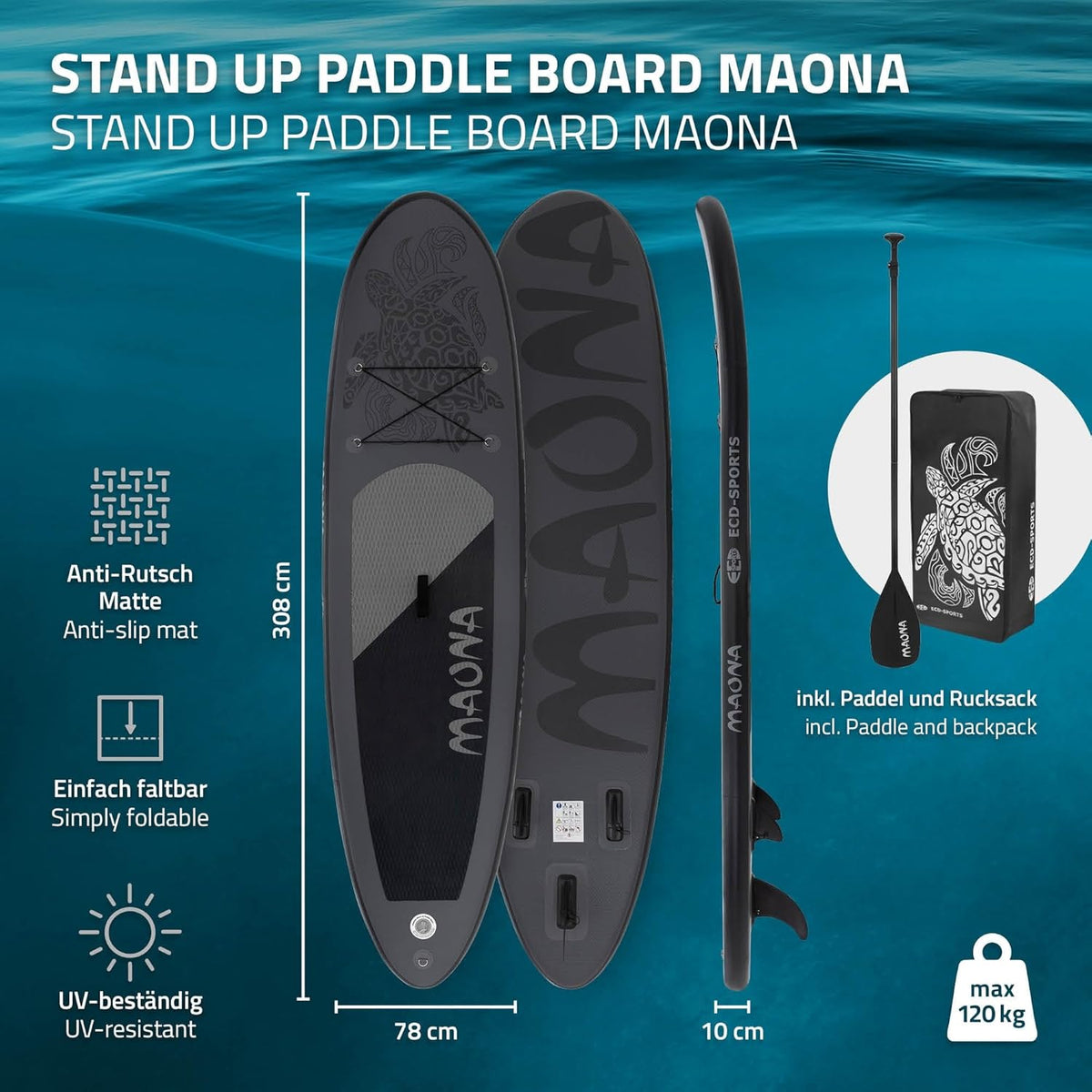 ECD Germany Stand Up Surf Paddle Board Gonflable 305/308/320/380 cm | PVC | jusqu'à 120/150 kg | Épaisseur 10/15 cm | Planche de Surf Pagaie Sac de Transport Pompe à Air | Diverses Couleurs Modèles