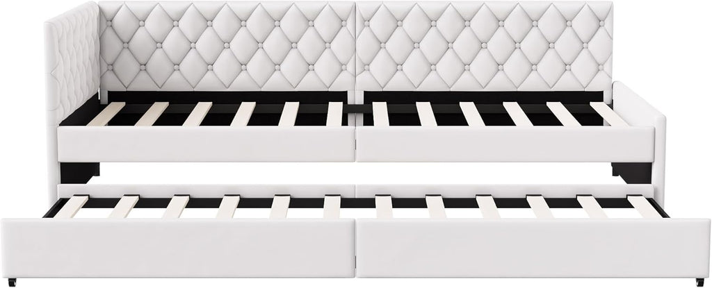 JYCRA Lit gigogne 90/180x200 cm,canapé lit 90x200 cm,Extensible,avec sommier à Lattes en Bois,Dossier Confortable avec Finition en Losange,Tissu en Velours Beige