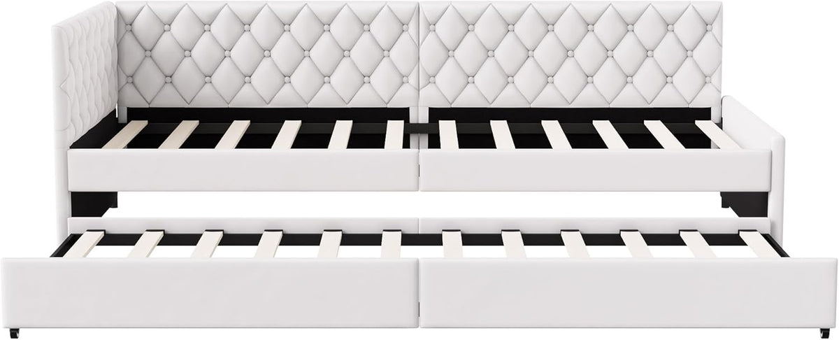 JYCRA Lit gigogne 90/180x200 cm,canapé lit 90x200 cm,Extensible,avec sommier à Lattes en Bois,Dossier Confortable avec Finition en Losange,Tissu en Velours Beige