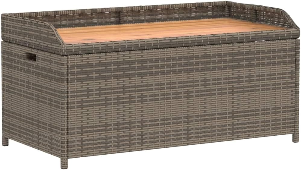 LAPOOH Banc de rangement pour jardin gris, 100 x 50 x 52 cm, polyrotin Acacia, banc d'extérieur avec conteneur