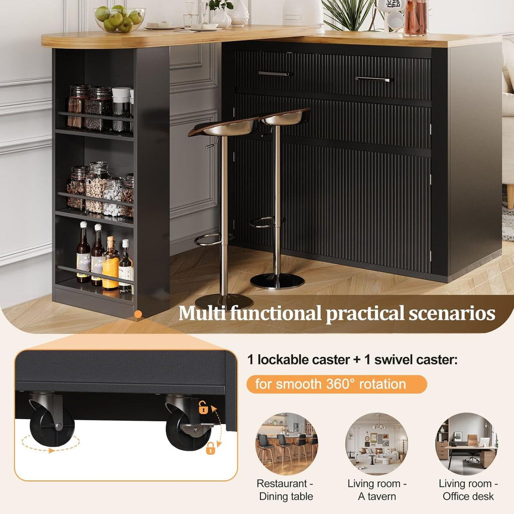 KOMHTOM Table de Bar Extensible avec Espace de Rangement, Meuble Bar avec 2 Portes en Verre, Rotation Libre à 360 °, étagères latérales (Noir-3)