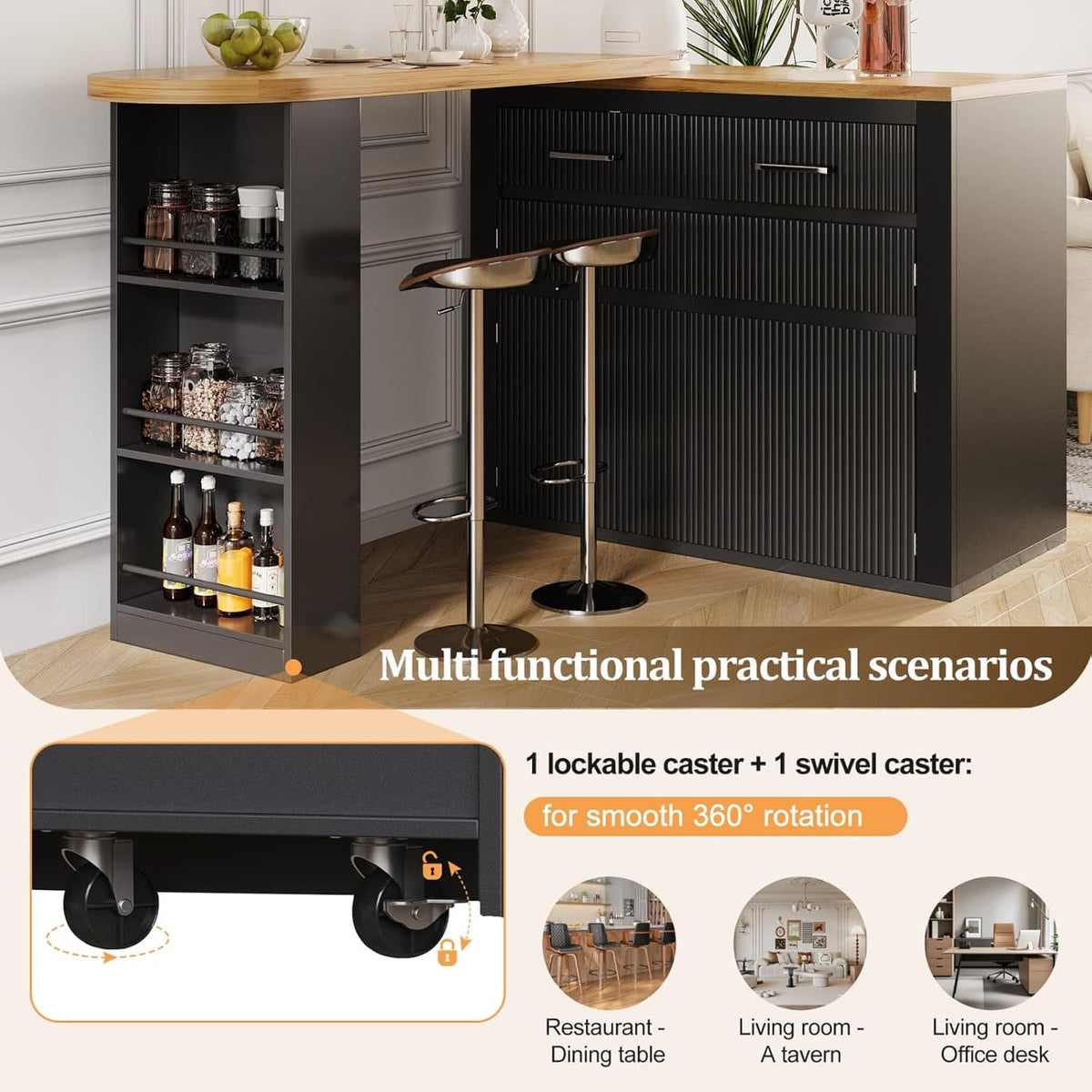 KOMHTOM Table de Bar Extensible avec Espace de Rangement, Meuble Bar avec 2 Portes en Verre, Rotation Libre à 360 °, étagères latérales (Noir-3)