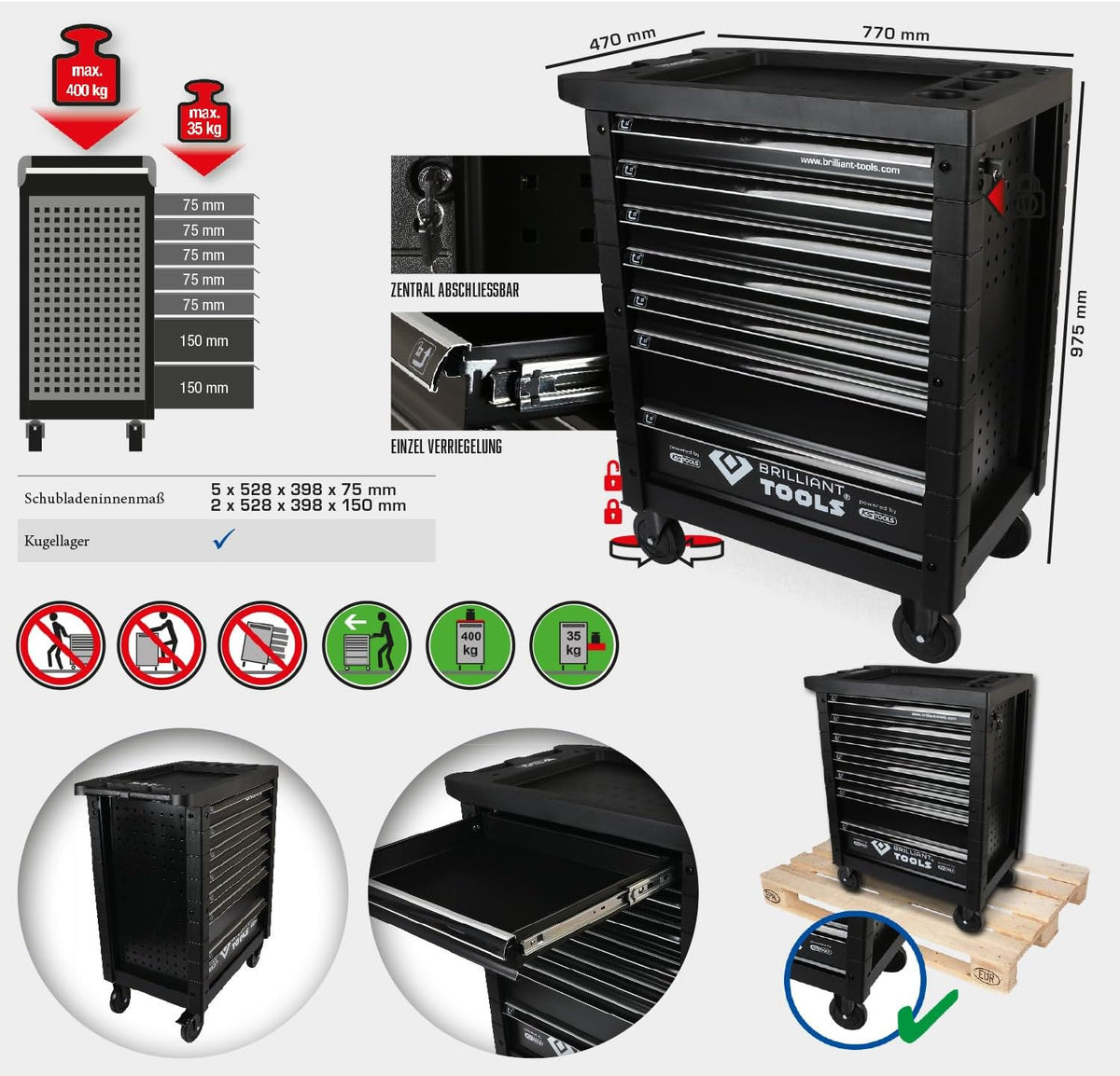 BRILLIANT TOOLS BT152900 Chariot d'atelier avec 7 tiroirs, vide Powered by KS TOOLS