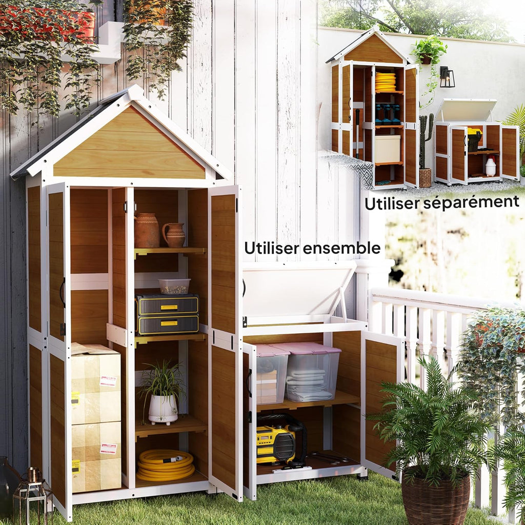 Outsunny Abri de Jardin + Armoire de Rangement en Bois, cabane de Jardin extérieur intérieur avec Toit incliné en Asphalte, étagères et Portes verrouillables, Armoire à Outils pour Balcon, Naturel