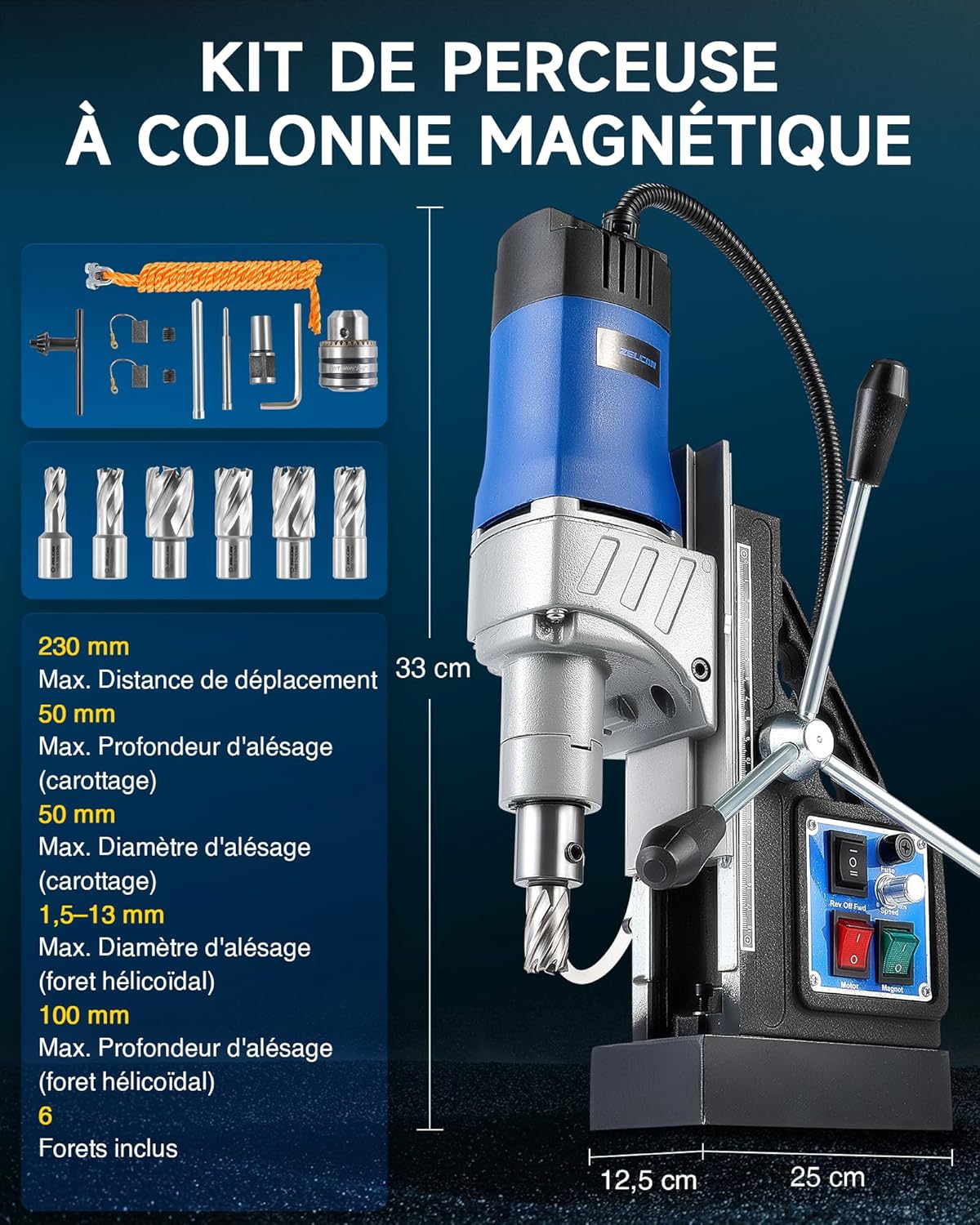 ZELCAN Perceuse Magnétique avec 6 Forets Perceuse à Colonne Électrique Portable 1550W 13000N 580 tr/min Max. Diamètre d'Alésage 50mm Max. Profondeur d'Alésage 50mm
