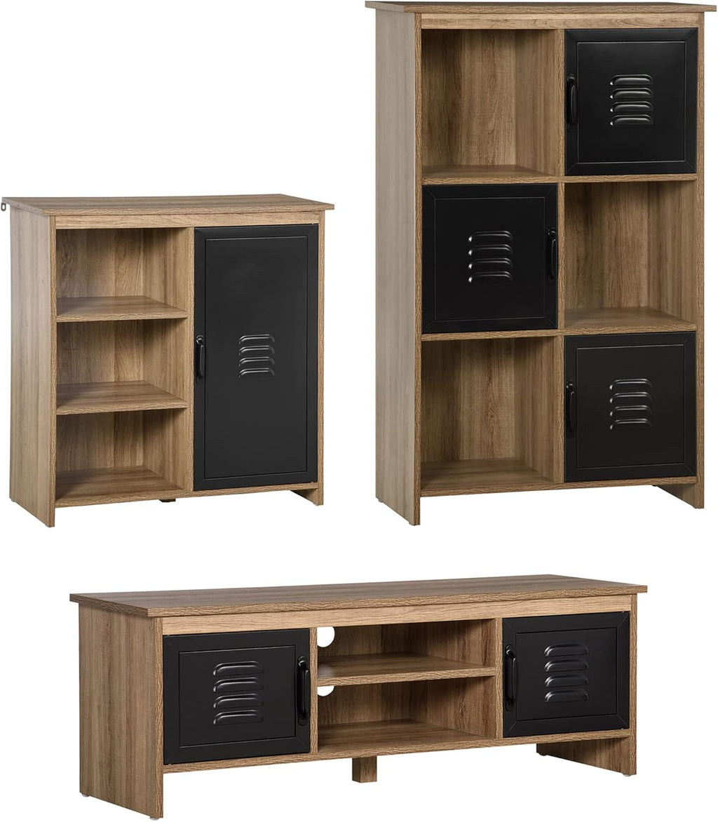 HOMCOM Ensemble Buffet Bibliothèque et Meuble TV Design Industriel 2 Passe-Fils Multi-Rangement Aspect Bois veinage Portes métal Noir