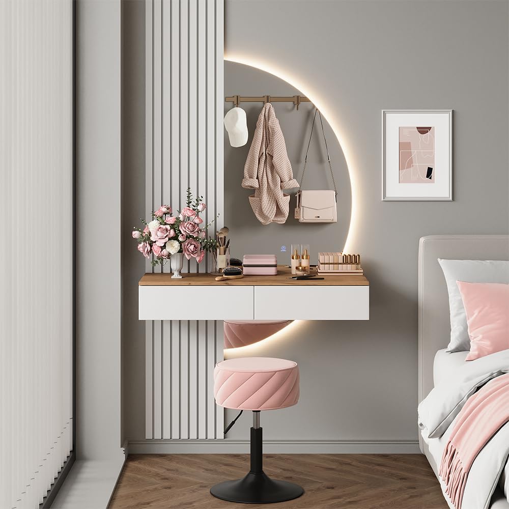 Vicco Coiffeuse Melina, Blanc/chêne, 100cm avec Miroir LED