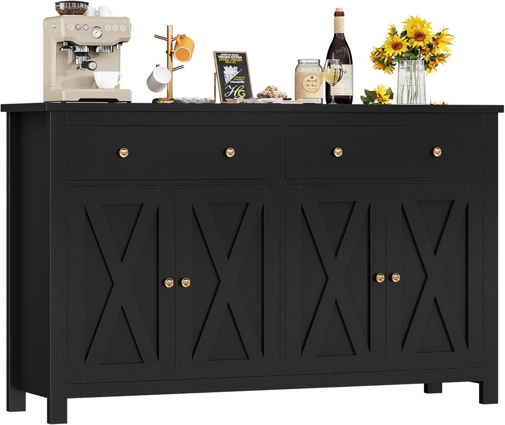 FirFurd Buffet Cuisine Meuble de Cuisine Rangement Buffet avec 4 Portes 2 Tiroirs Étagères Réglables Meuble de Rangement pour Salon Salle à Manger 140x40x89 cm Noir