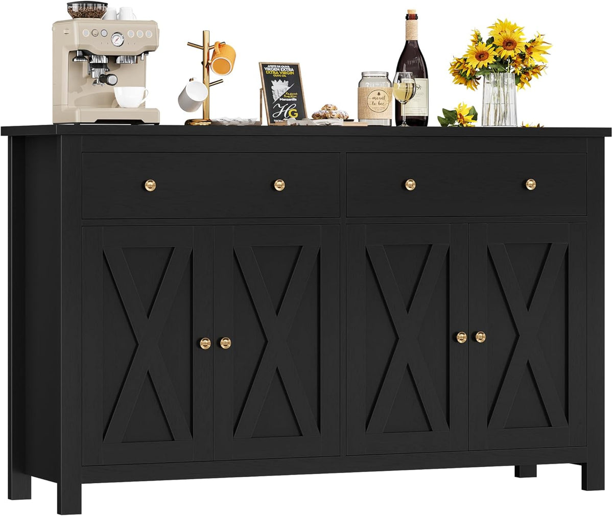 FirFurd Buffet Cuisine Meuble de Cuisine Rangement Buffet avec 4 Portes 2 Tiroirs Étagères Réglables Meuble de Rangement pour Salon Salle à Manger 140x40x89 cm Noir