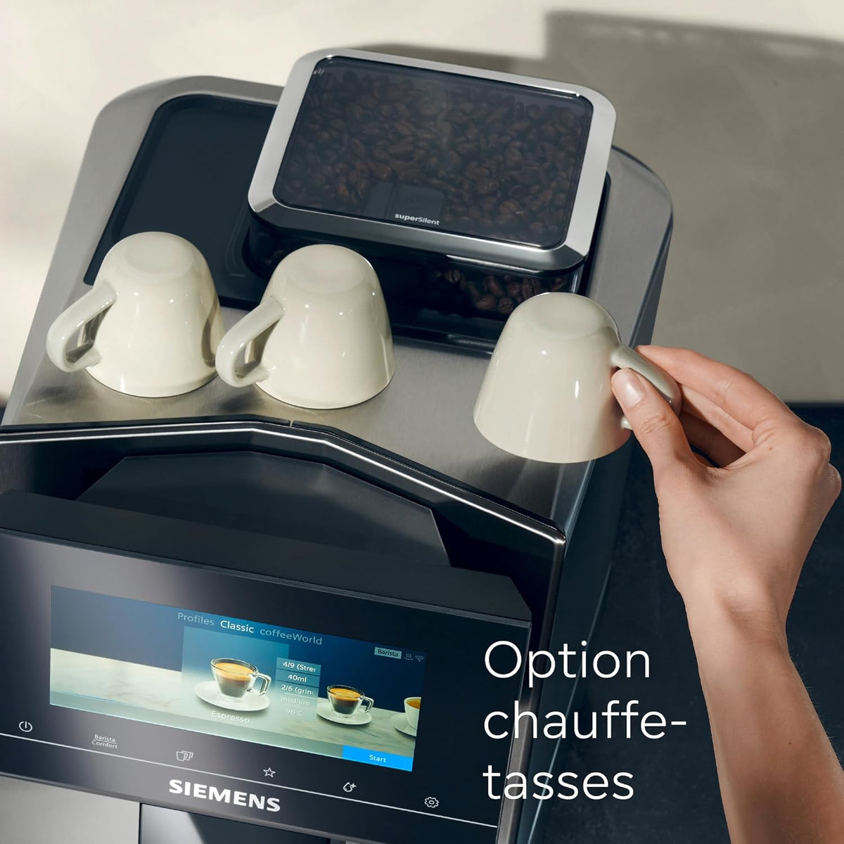 Siemens machine à café automatique EQ900, baristaMode, eGrinder, écran iSelect 6,8 pouces, application Home Connect, acier inoxydable, TQ903R03