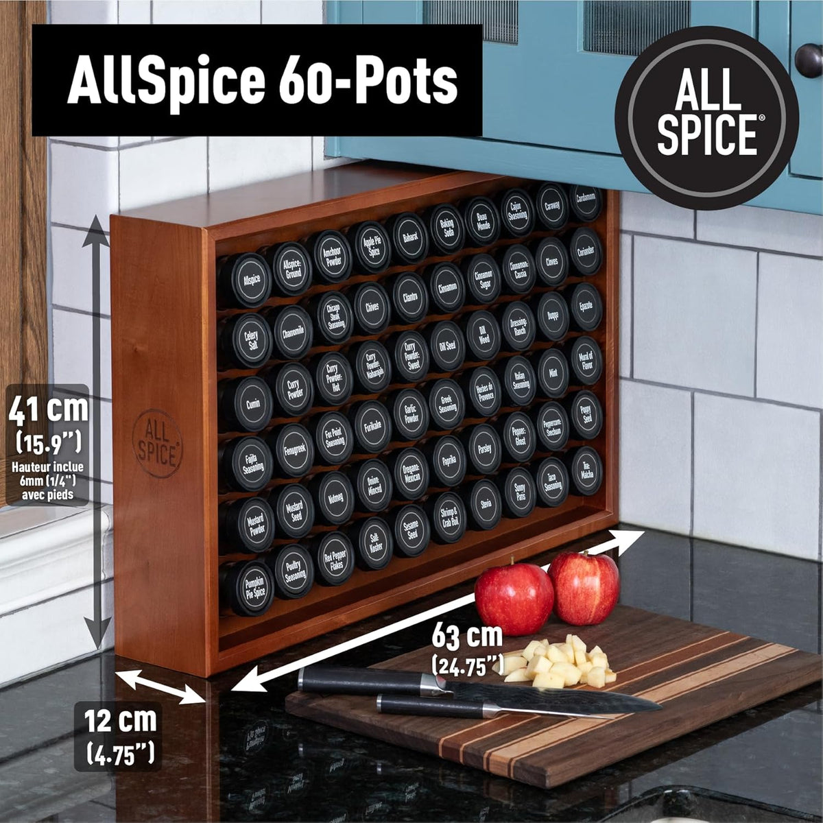 AllSpice étagère à épices en bois noir mat, comprend 60 pots en verre, étiquettes et accessoires