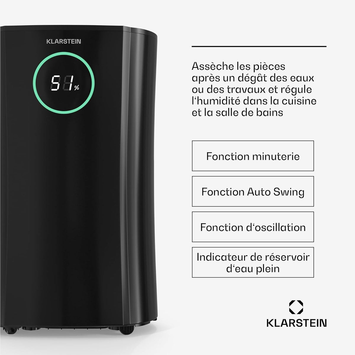 KLARSTEIN DryFy ProConnect 24L Déshumidificateur Smart, Wi-FI, 24h Minuterie, Filtre Charbon Actif, Silencieux, Réservoir 4L, Portable, pour Maison & Bureau, Jusqu'à 36m², Noir