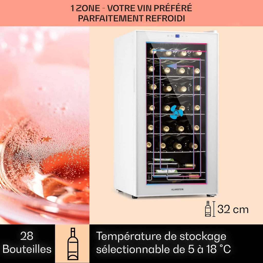 Klarstein Shiraz Cave a Vin, Réfrigérateur à Vin à une Zone, Cave à Vin de Vieillissement, Prosecco et Bière, Ecran Tactile, Réfrigérateur de Bar, Frigo Interieur/Exterieur, 5-18°C, 28 Bouteilles