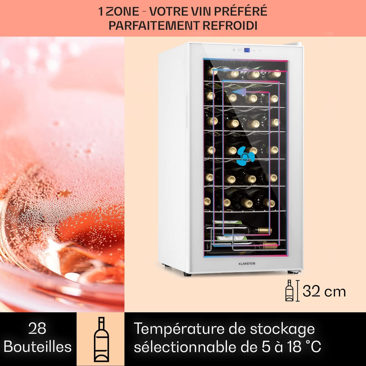 Klarstein Shiraz Cave a Vin, Réfrigérateur à Vin à une Zone, Cave à Vin de Vieillissement, Prosecco et Bière, Ecran Tactile, Réfrigérateur de Bar, Frigo Interieur/Exterieur, 5-18°C, 28 Bouteilles