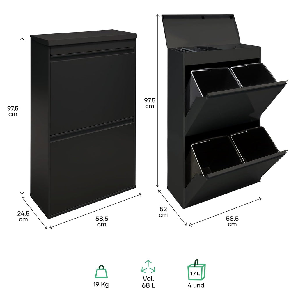 ARREGUI Top CR626-B Poubelle de recyclage en acier, poubelle de tri sélectif, 4 seaux, avec plateau supérieur multifonction, 4 x 17 L (68 L), noir