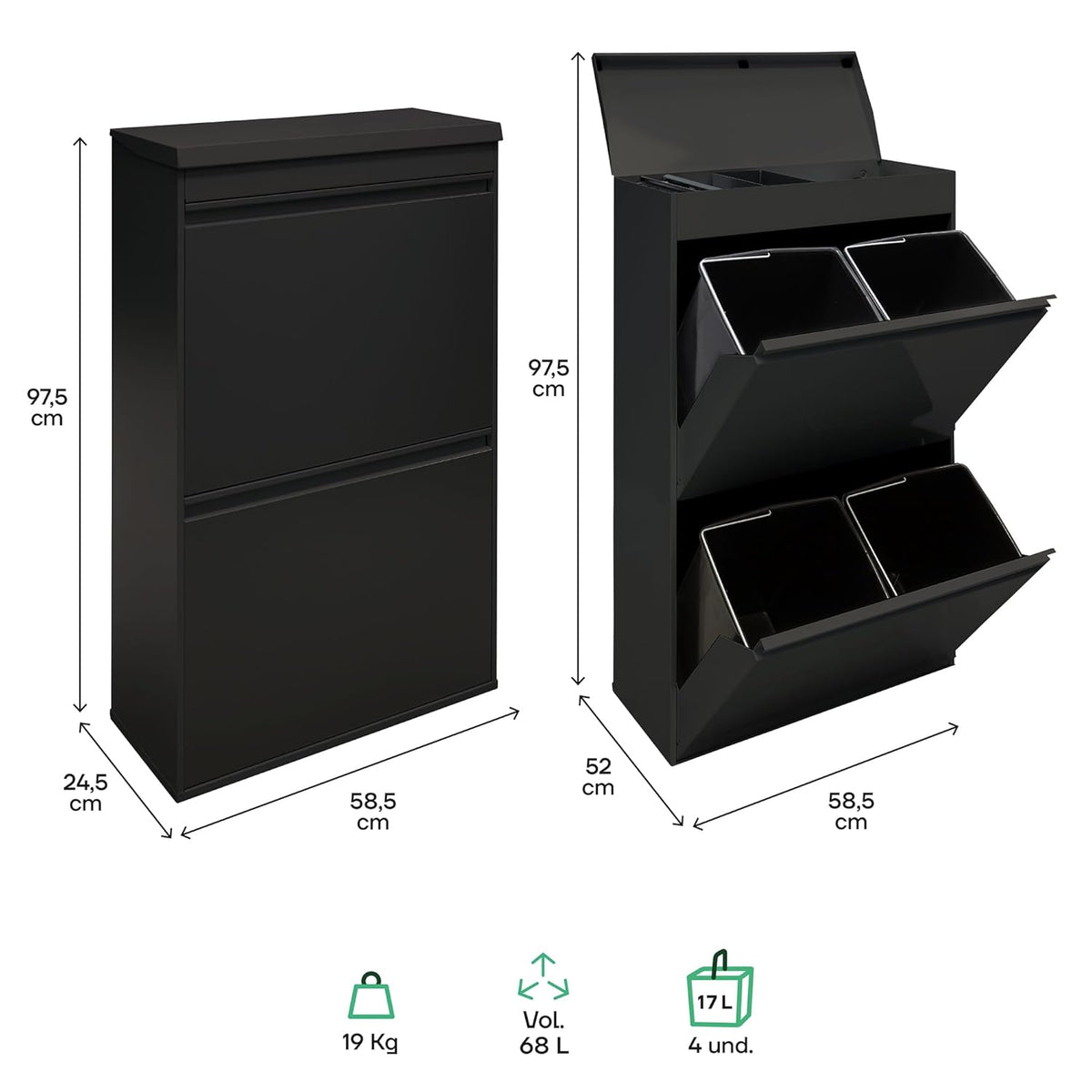 ARREGUI Top CR626-B Poubelle de recyclage en acier, poubelle de tri sélectif, 4 seaux, avec plateau supérieur multifonction, 4 x 17 L (68 L), noir