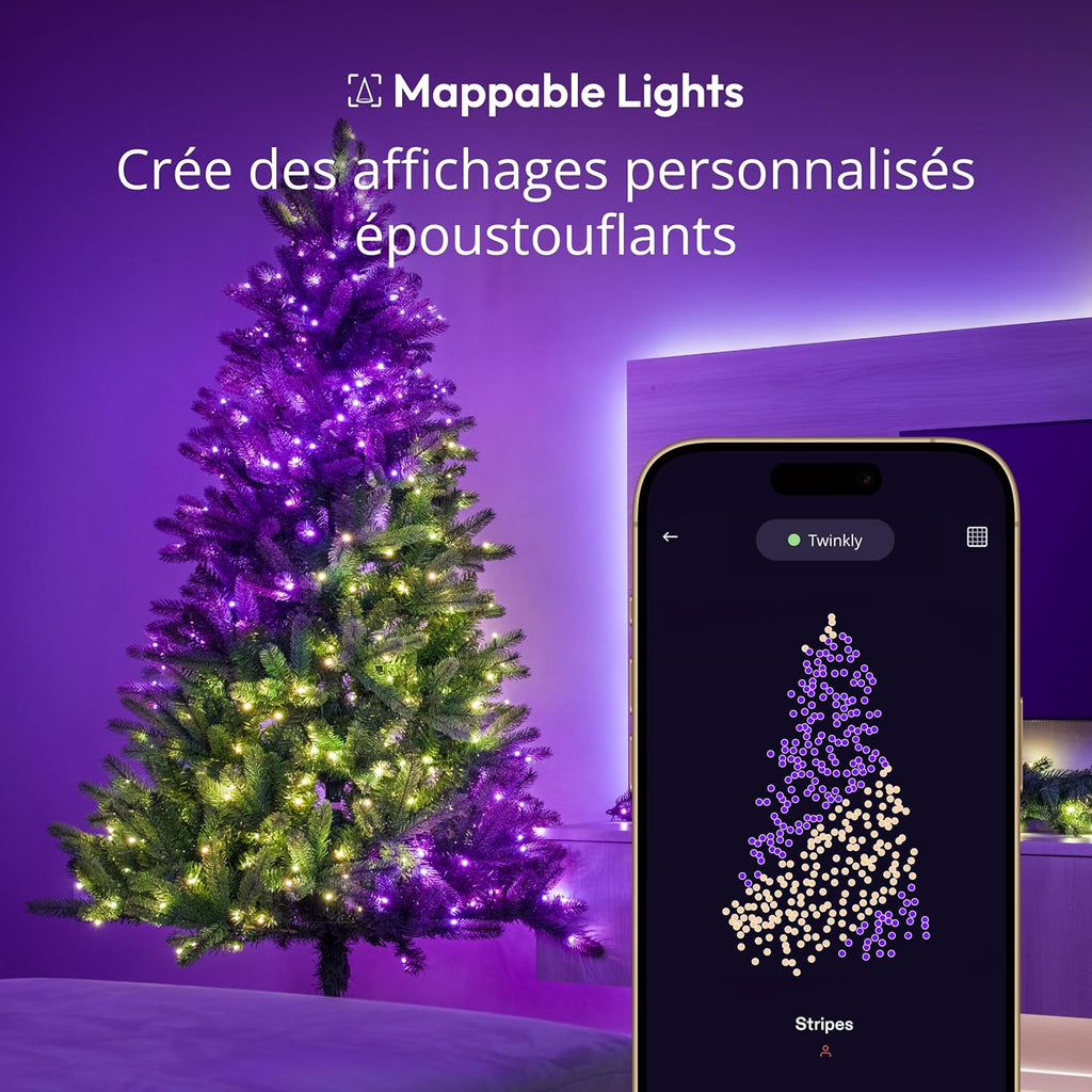 Twinkly - Strings HD - Guirlandes de Noël LED contrôlées par application avec 700 LED RVB 16 millions de couleurs plus blanc chaud, 38,5 mètres, Câble vert
