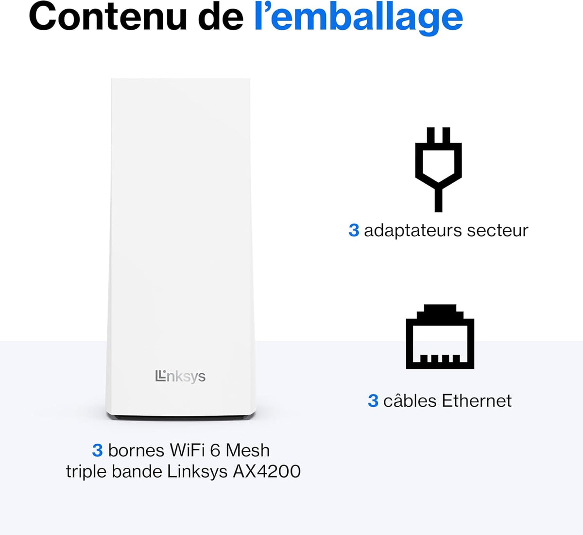 Linksys Système WiFi 6 Mesh triple bande Velop MX12600 (AX4200) (routeur WLAN, jusqu'à 830 m2, pour plus de 120 appareils, pack de 3, blanc)