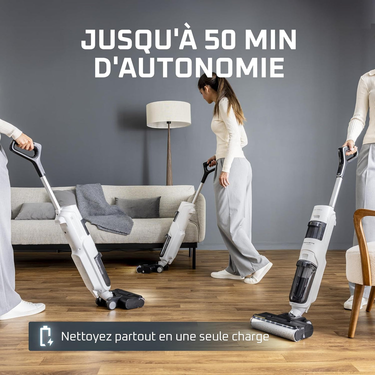 Rowenta X-Clean5, Aspirateur Laveur sans Fil, Nettoyage 2-en-1, Mode de détection Auto, Éclairage LED, Auto-Nettoyage, Séchage air Chaud, GZ5557EE, Blanc/Noir