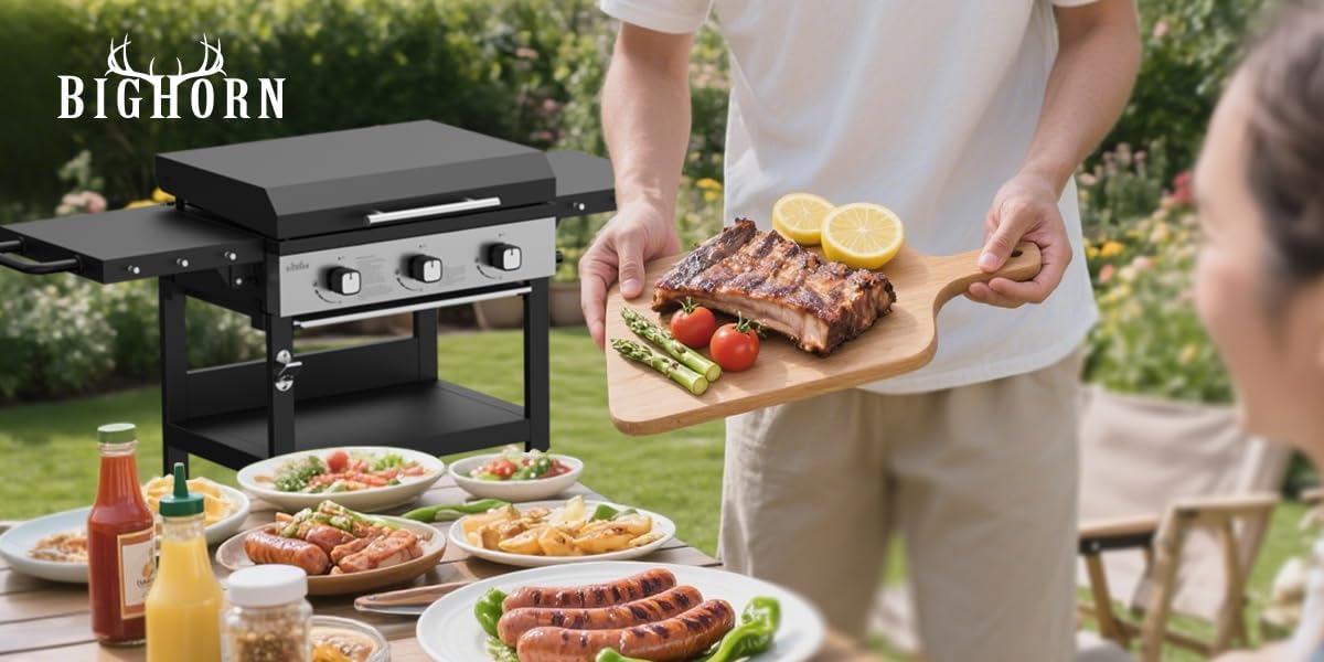 BIGHORN Plancha gaz de 3 brûleurs avec chariot et couvercle;7.2kw