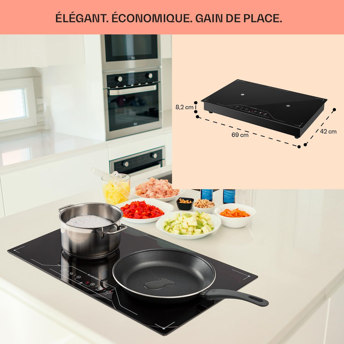 Klarstein Plaque Induction Encastrable 3500W, Table de Cuisson Induction en Zone Libre, Contrôle Tactile, Verre Céramique, 3500 W