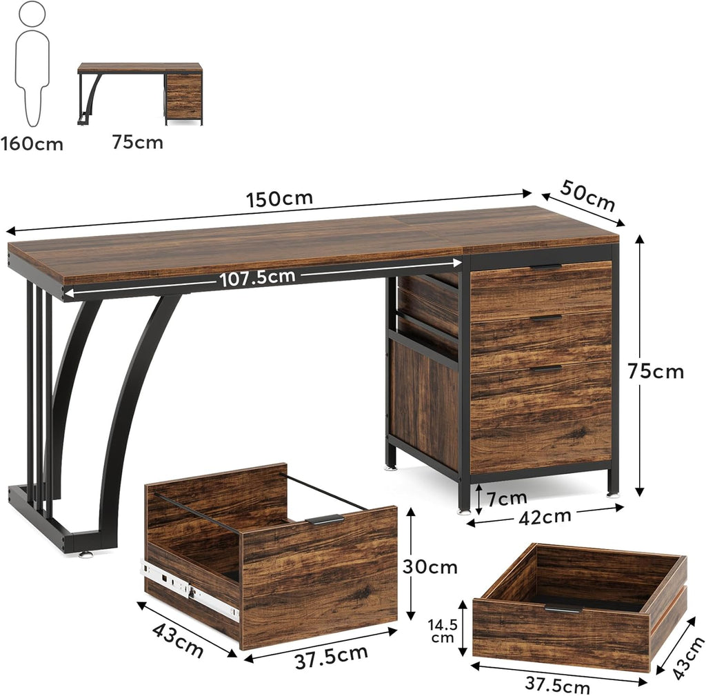 Tribesigns Bureau d'ordinateur avec 3 tiroirs 150 cm avec tiroirs réversibles - Bureau Industriel avec Plateau de Rangement (Marron Rustique.)