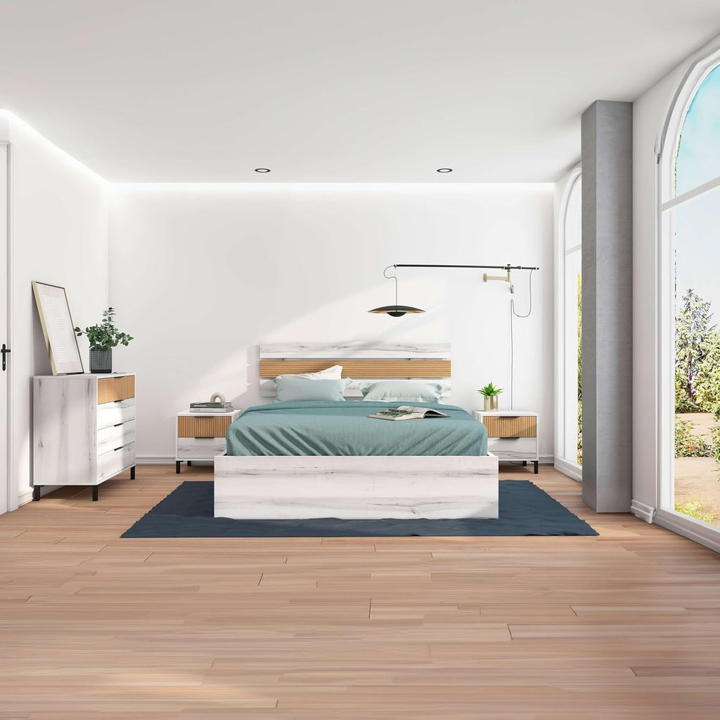 Arles Lot de meubles modernes pour chambre double Blanc Albo et chêne rayé