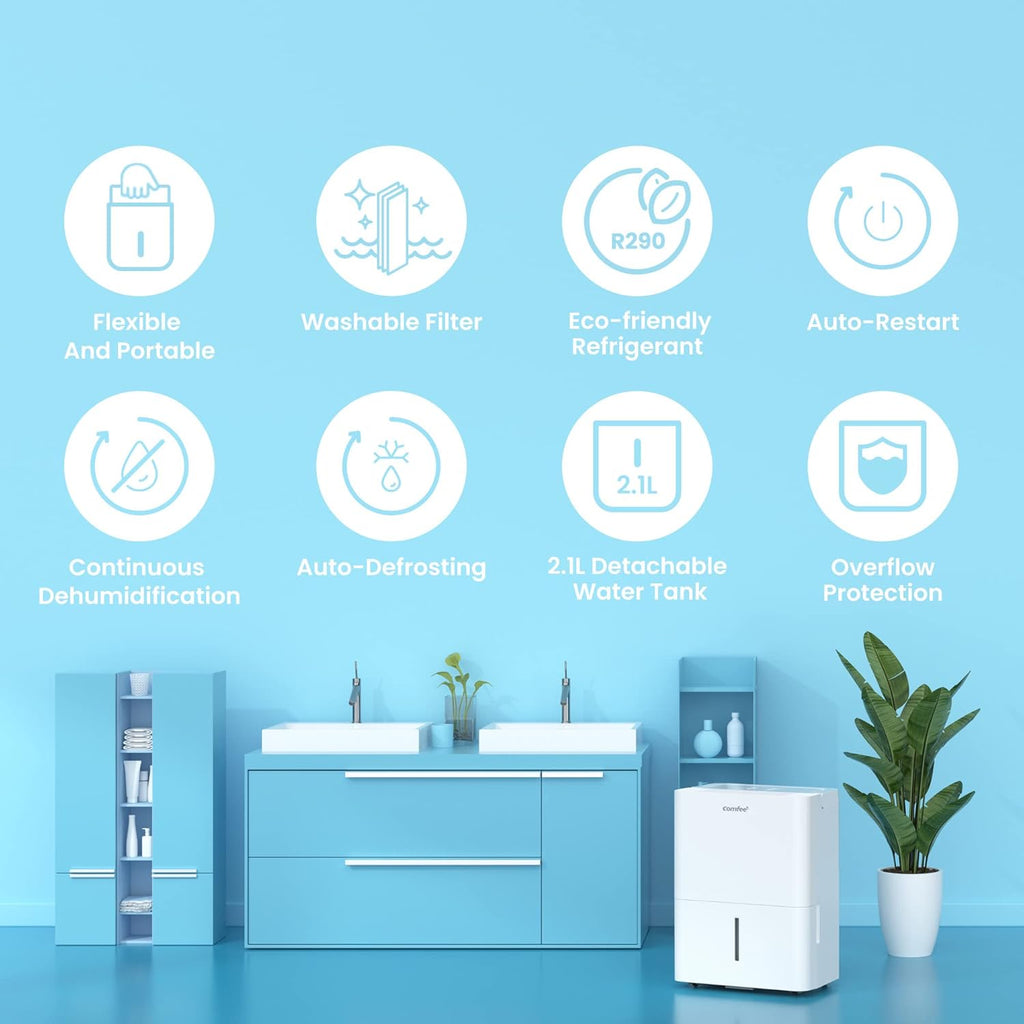 Déshumidificateur Compacte, Absorbe jusqu'à 10L-jour, Deshumidificateur d air avec Roulettes et Poignée, Minuterie 24H, Réservoir 2L, Pour pièce de 16-31㎡, MDDN-10DEN7