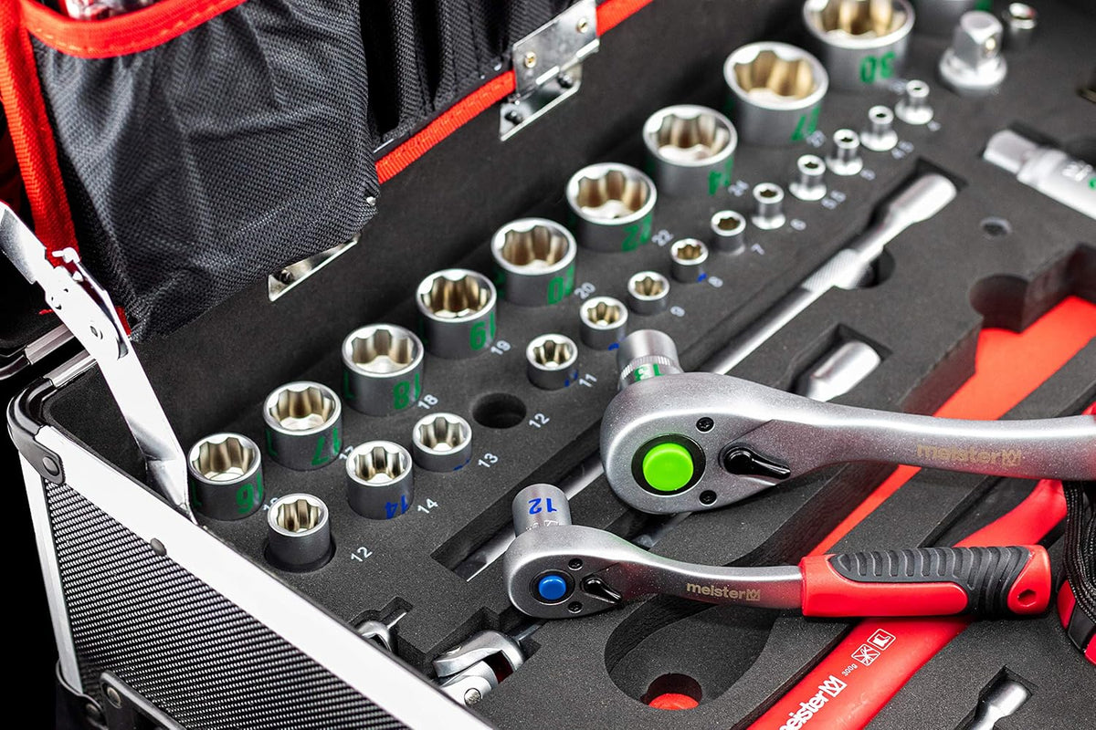 Meister 8973770 Tool Boîte à outils professionnelle remplie de qualité Knipex et Wera, manche télescopique sur roues