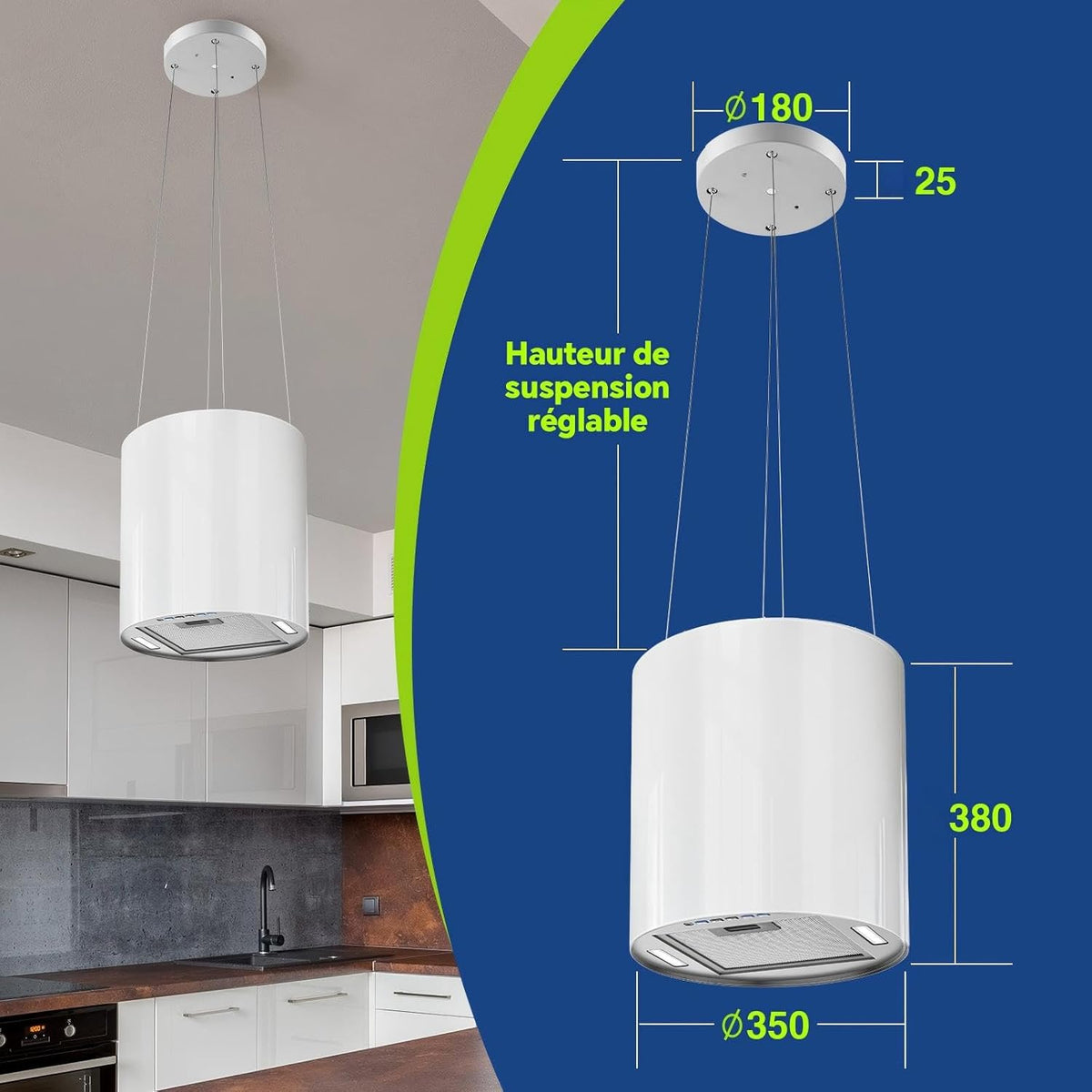 SNDOAS Hotte Îlot Central 700 m3/h, Hotte Aspirante 35cm avec 3 Vitesses, A+, Éclairage LED, Filtres à Charbon et Fonction Retard 5 minutes , Blance, Hotte Suspendue Recyclage