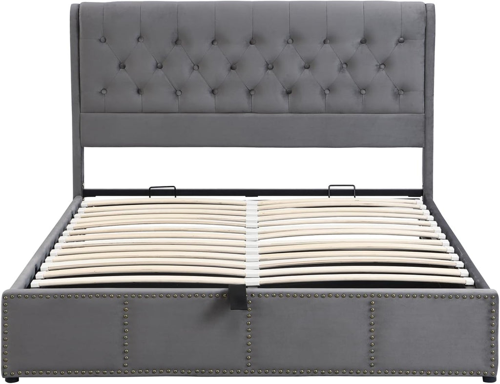 HYNHXBP Lit Double Rembourré 160x200cm, Lit Coffre avec sommier, Tête de lit en Forme d'oreiller et Espace de Rangement hydraulique, Velours Gris-B, 160 x 200 cm