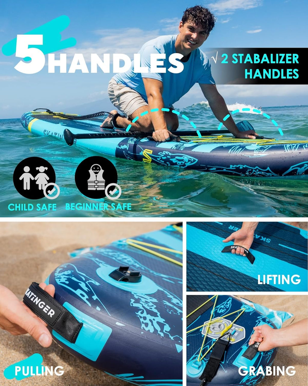Skatinger Planche à pagaie Gonflable Super Large de 3,4 m x 9,9 m, Ultra Stable pour 2 + 1 Personnes/Famille/Grande Taille avec bandoulière, Sac à Dos de 100 L, Planche à pagaie complète, aileron