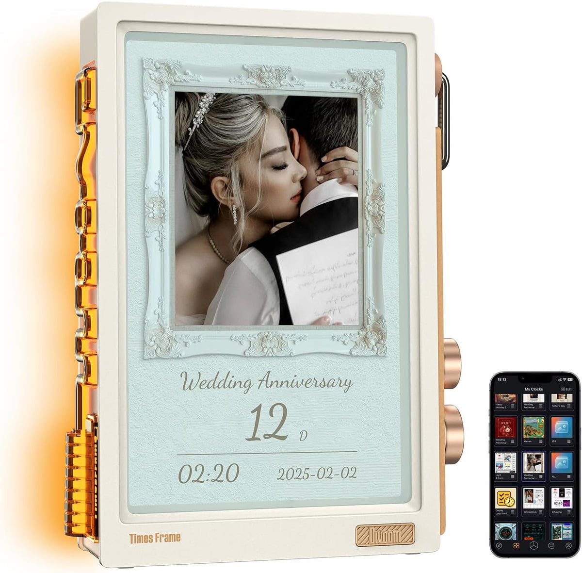 Divoom Times Frame – Cadre Photo numérique 10,1" Wi-FI 64 Go, écran IPS Flottant Bouton RVB, +400 Cadrans widgets communauté Pixel Art (Blanc)