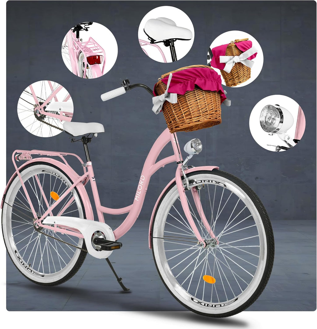 MILORD. Vélo Confort Rose à 1 Vitesse de 26 Pouces avec Panier et Porte-Bagages arrière, vélo néerlandais, vélo pour Femme, vélo de Ville, rétro, Vintage
