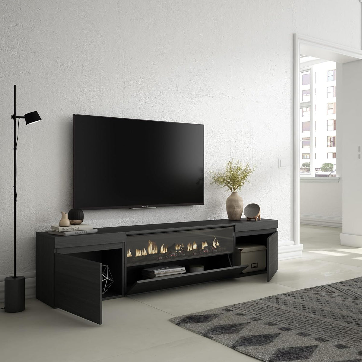 Skraut Home | Meuble TV | Banc Télé | Grand Espace de Rangement | 200x45x35cm | pour Les TV jusqu'à 80" | Cheminée électrique | Style Moderne | Noirs