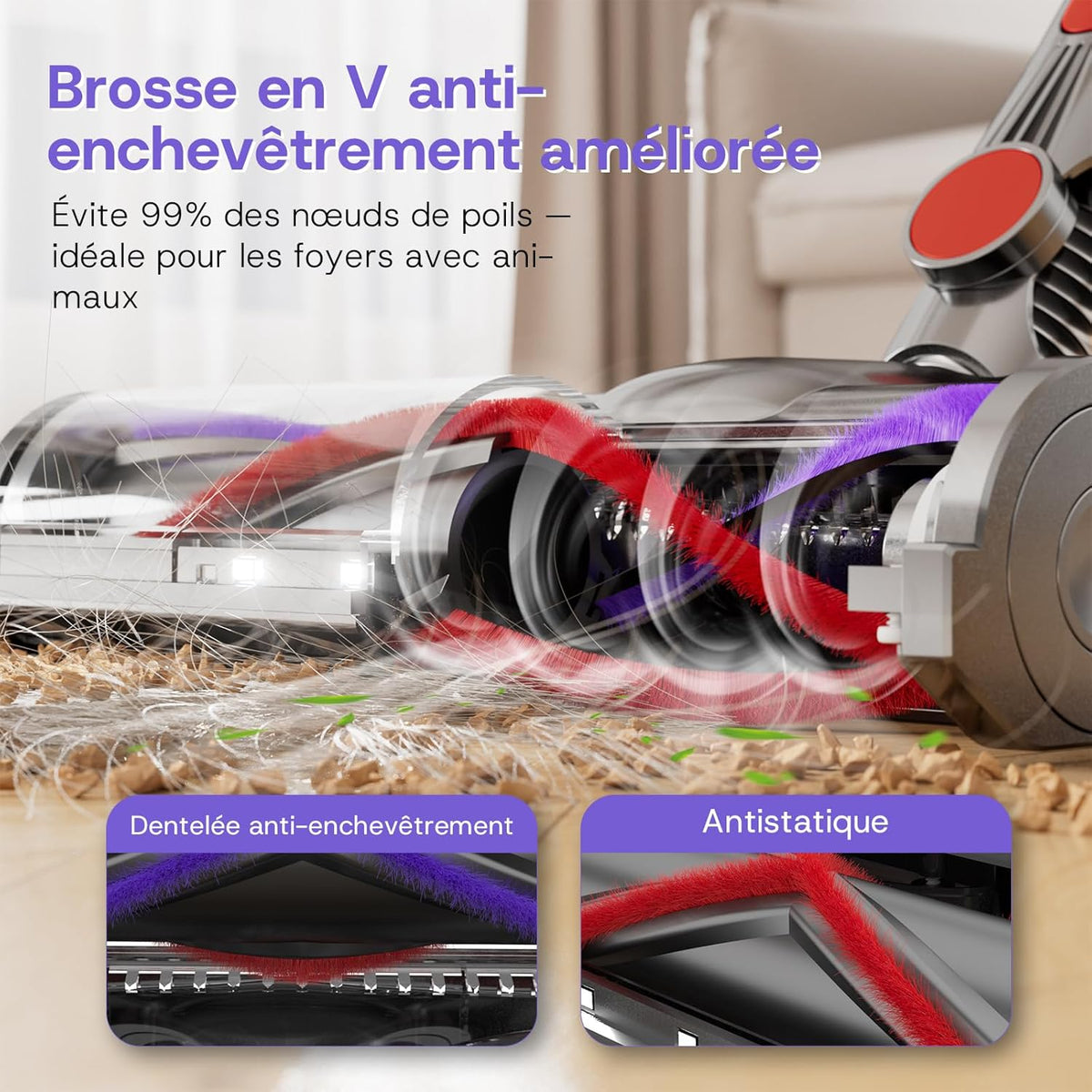V16 Aspirateur Balai sans Fil 55Kpa/600W/80Mins, Aspirateur sans Fil Puissant, Écrans Tactiles LED, Mode Automatique, Brosse Anti-Emmêlement pour Tapis, Sols Durs et Poils d'animaux