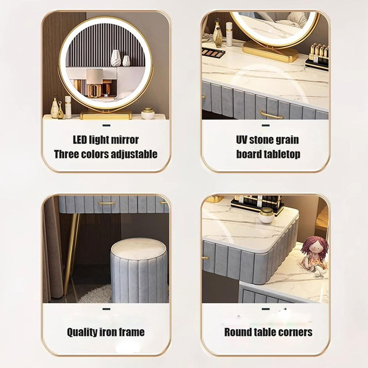 Coiffeuse avec Miroir LED, Bureau de Maquillage avec Tiroirs Armoire Rangement, Table de Maquillage avec Chaise en Velours Commode de Chambre Moderne