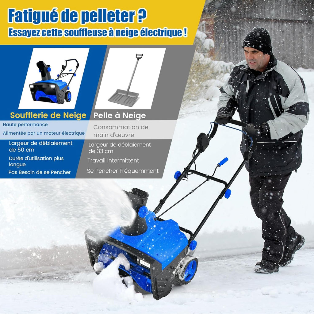 COSTWAY Déneigeuse Électrique avec 2 Lumières LED, Souffleuse à Neige Filaire 15 A 500 mm avec Goulotte Rotative à 180° Distance de Projection 9 m, pour Jardin Cour (Bleu)