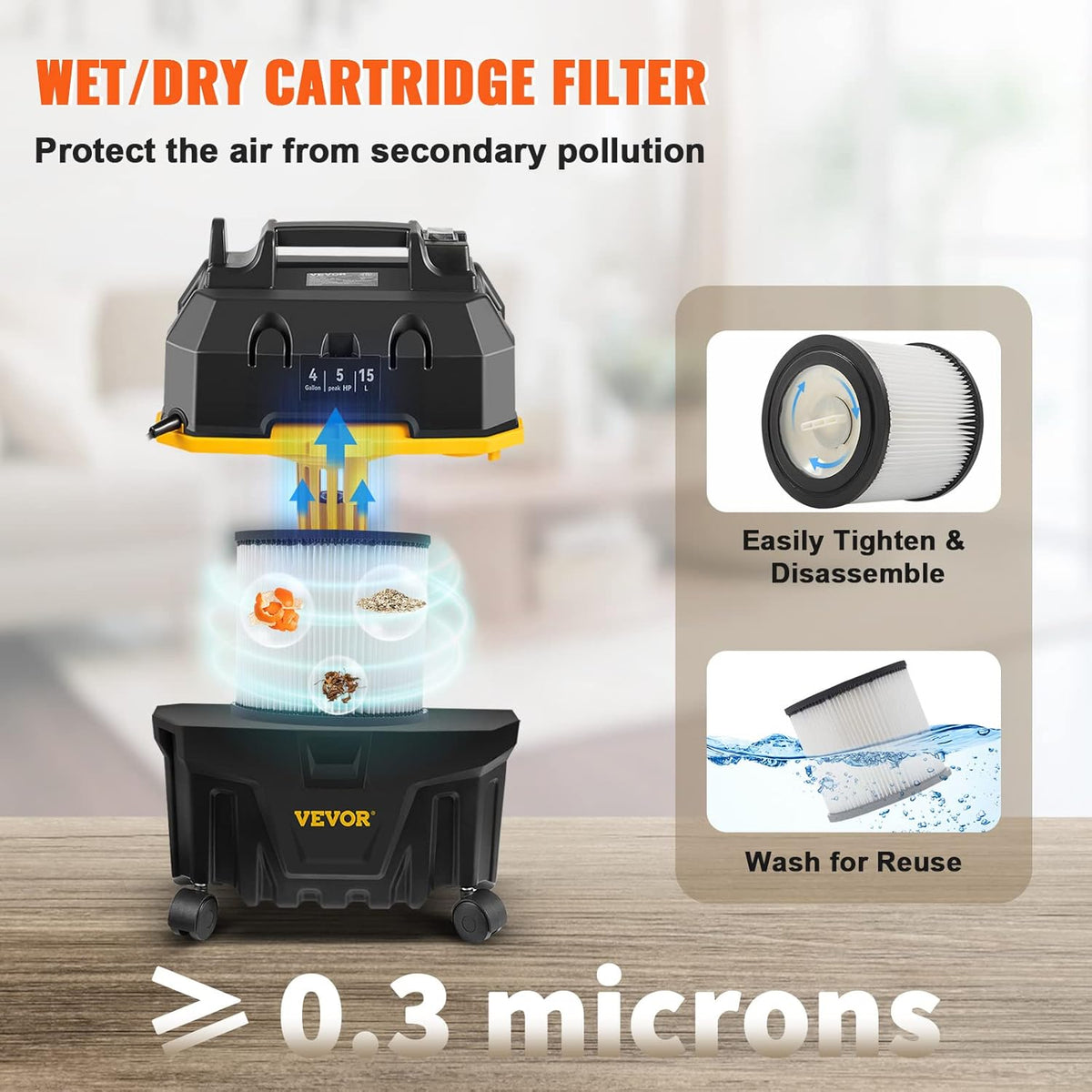VEVOR Wet & Dry, 4 gallons, 5 Peak aspirateur 3 en 1 avec fonction de soufflage, accessoires portables de nettoyage des sols, tissus d'ameublement, lacunes, voiture, certifié ETL, noir/jaune