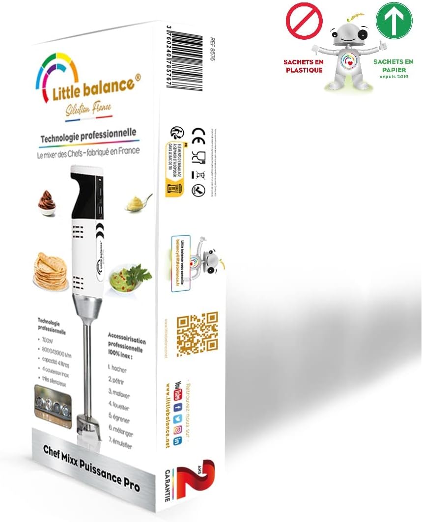 LITTLE BALANCE 8576 Chef Mixx Pro, Mixeur plongeant professionnel, 2 vitesses, 4 accessoires, 700 W, Fabrication française, Blanc/Inox